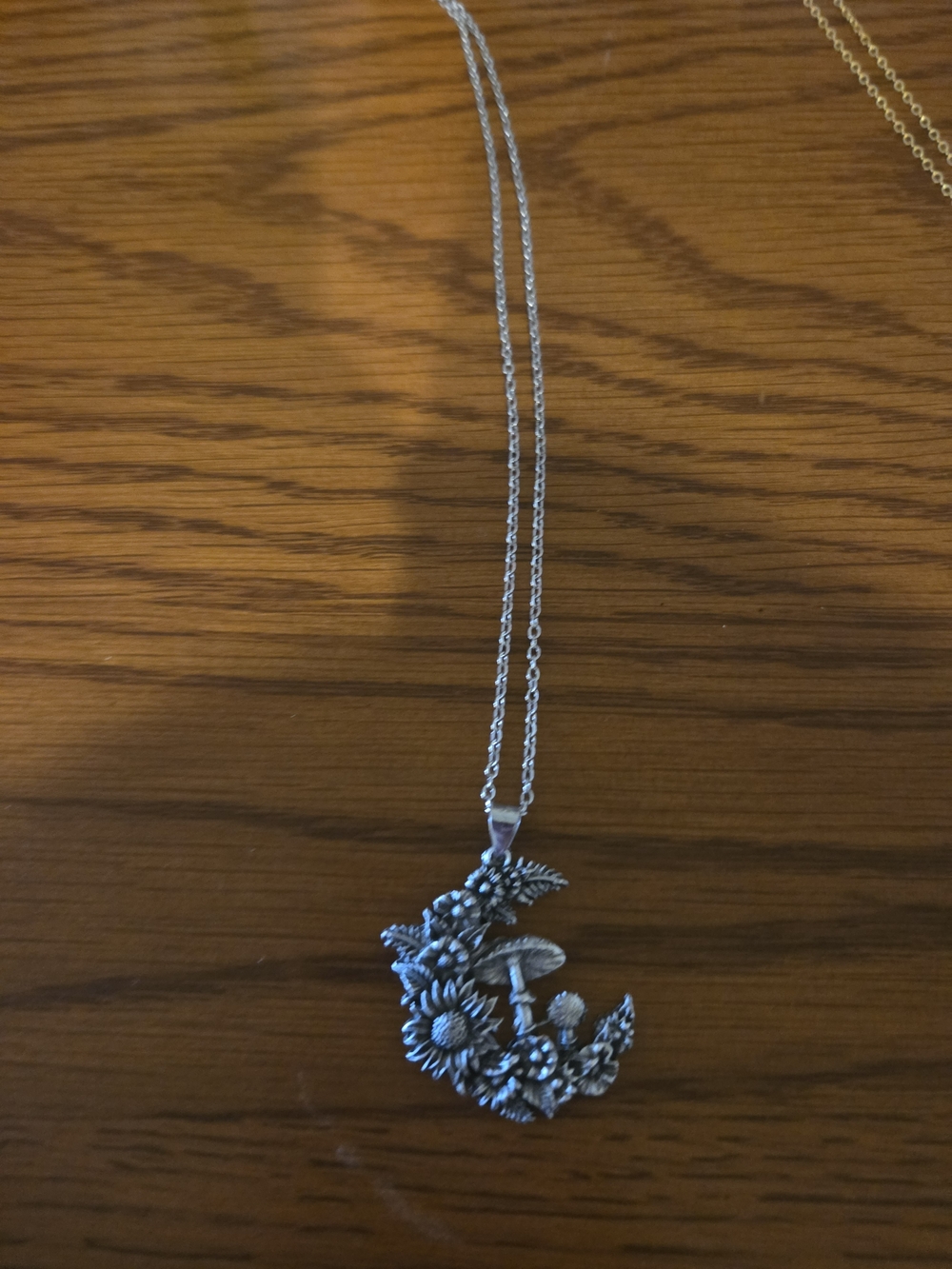 Silver Toned - Zinc Alloy Floral Moon and Mushroom Pendant Necklace